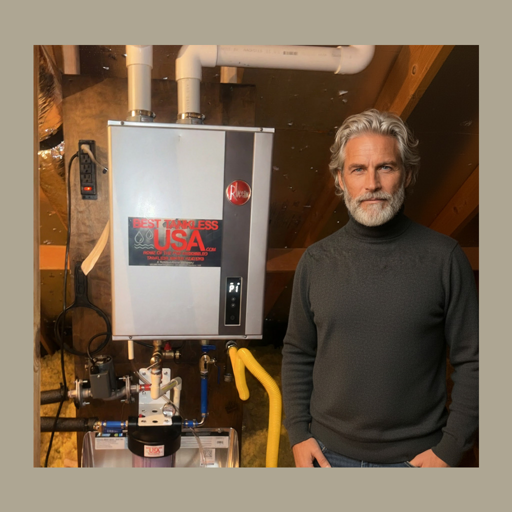 Happy Best Tankless USA customer Bob standing next to his Rheem tankless water heater installation in Trophy Club, Texas